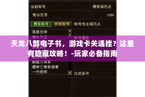 天龙八部电子书，游戏卡关遇挫？这里有隐藏攻略！-玩家必备指南